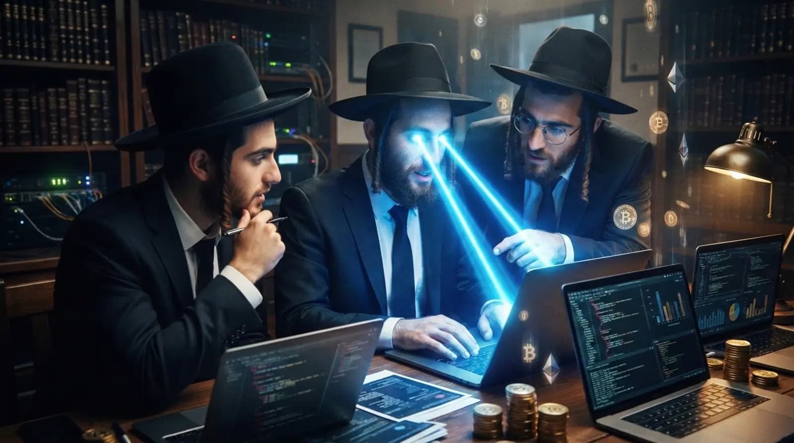 Three scholars huddled over laptops in a lamplit, book-lined study, one with glowing laser eyes